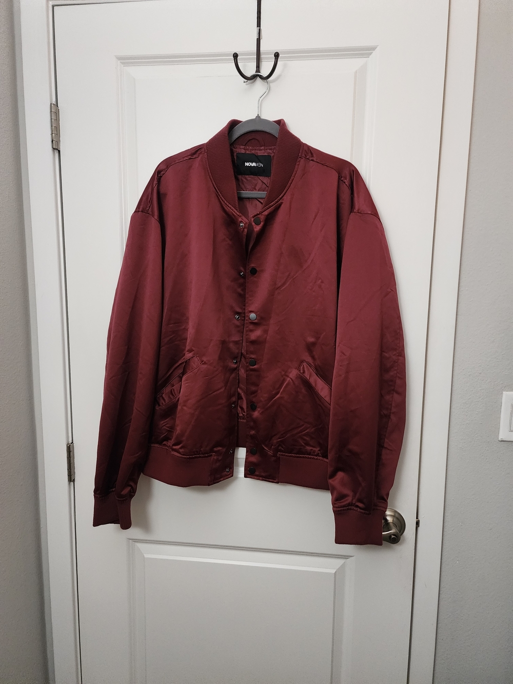 Fashion Nova Men's Satin Bomber Jacket - Wine